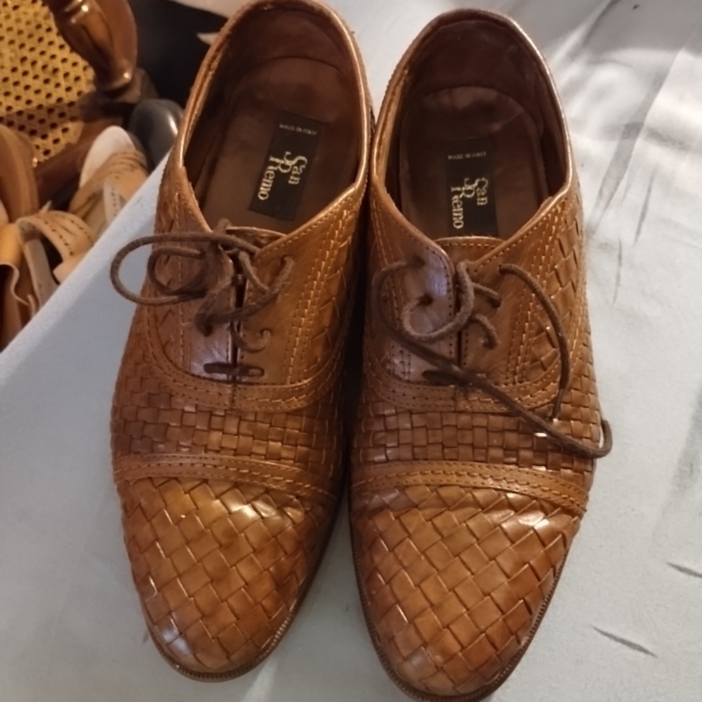 San Remo Men Classic Woven Leather Oxfords in Tan Sz 8.5
